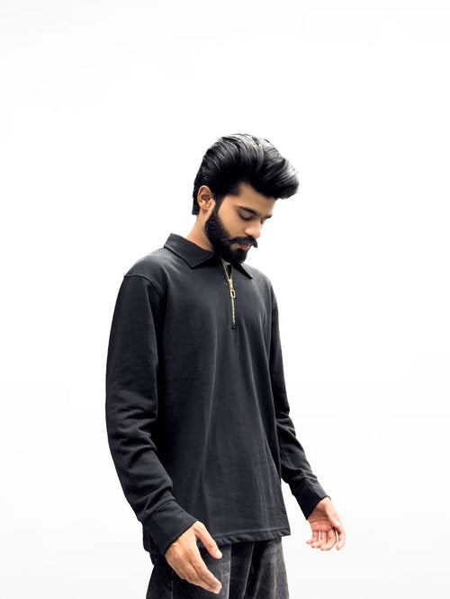 Premium Black Zip-Up Collar Full Sleeves Shirt